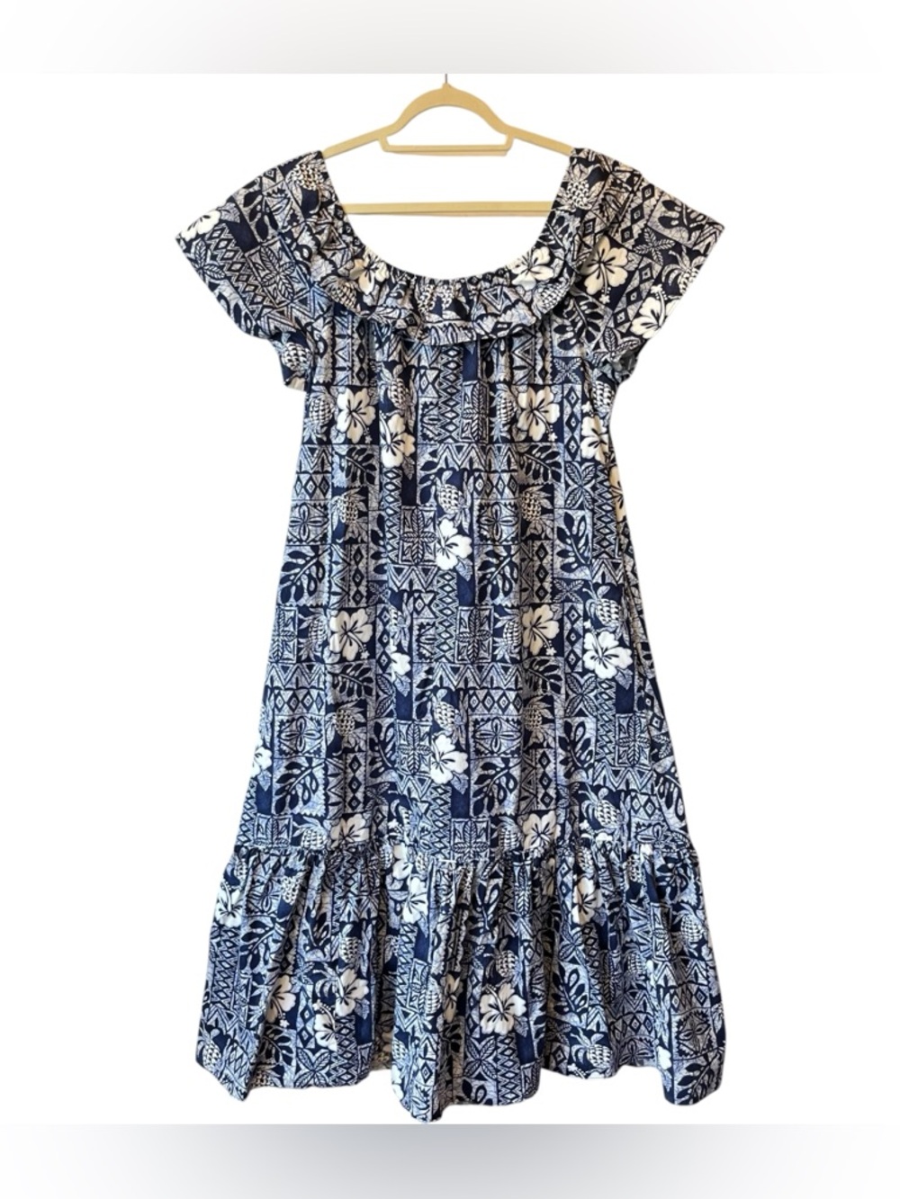 Hilo Hattie midi dress XL Navy blue floral 100% cotton Hawaiian Original Ruffles